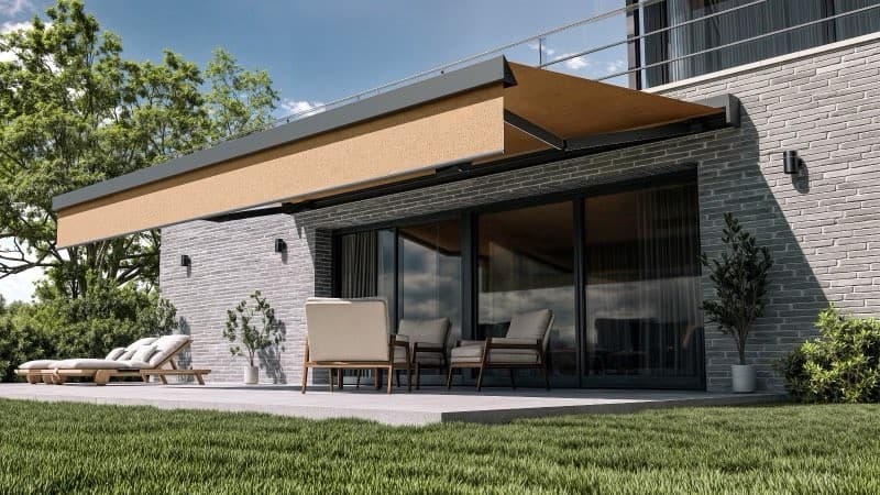 Store banne STORAL KUBE - Vue d'ensemble coffre et toile déployée