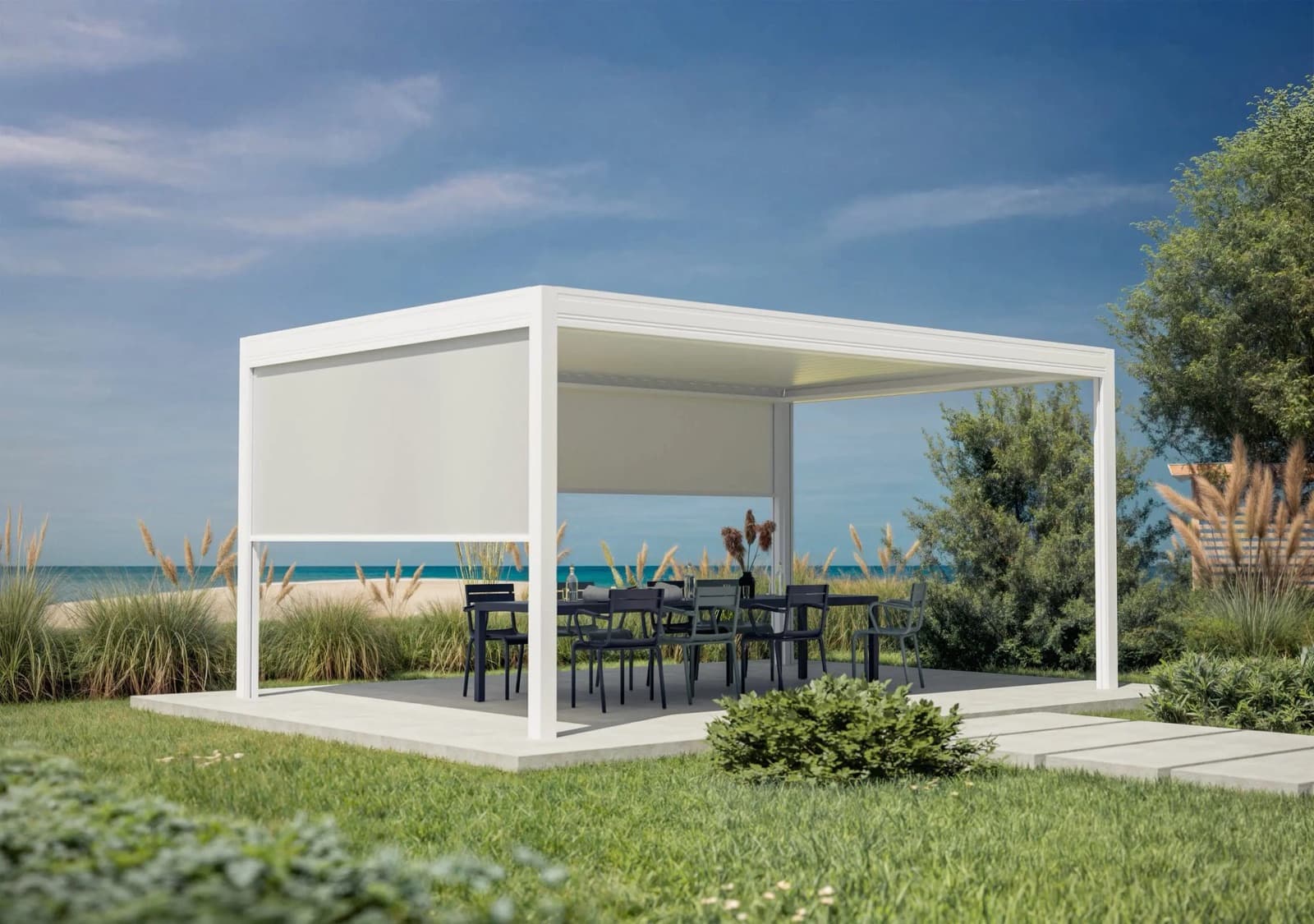 Pergola bioclimatique autoportée au-dessus d'une terrasse aménagée